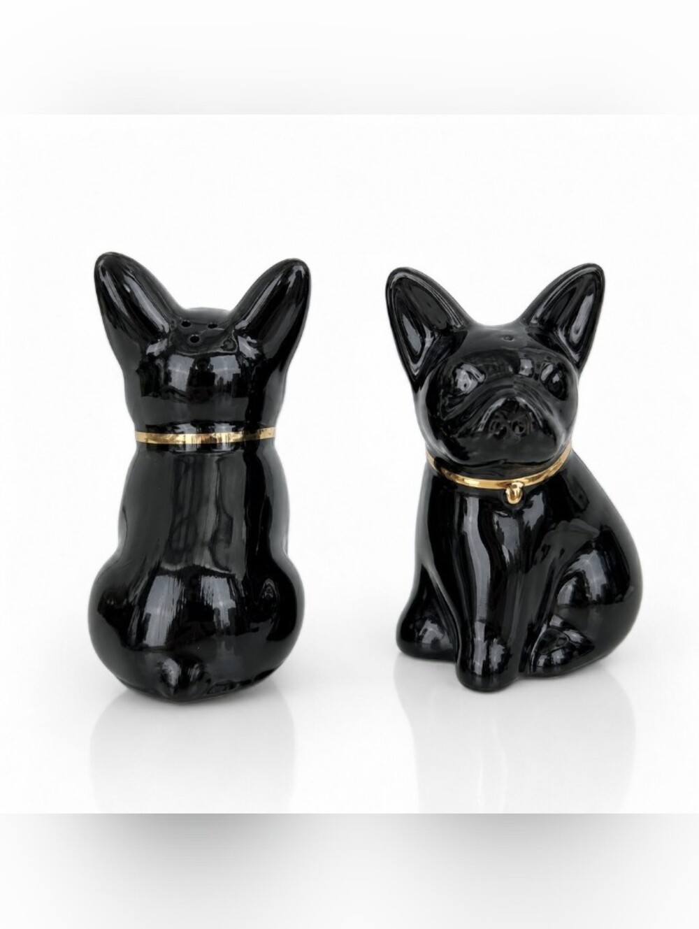 Black Ceramic French Bulldog Salt and Pepper Shaker Set with Gold Collar